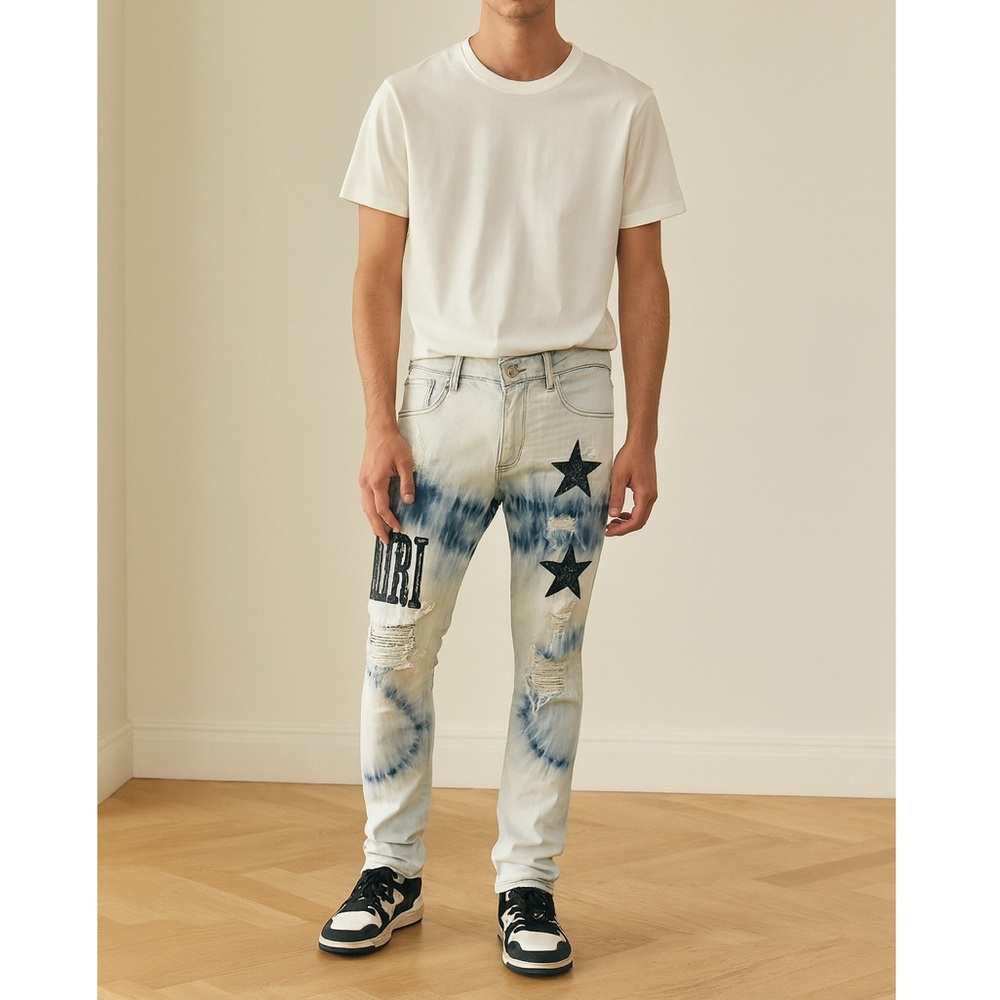 AMIRI Distressed Bandana Tie-Dye Denim Jeans Men’s Size 32 Black Star Patch